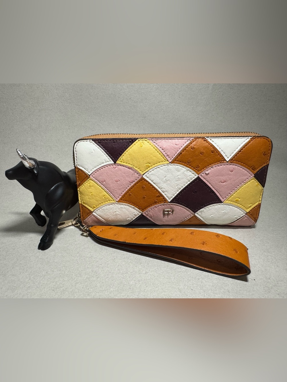 Patchwork Multicolor Leather Wristlet wallet in White, Pink, Yellow & Brown
